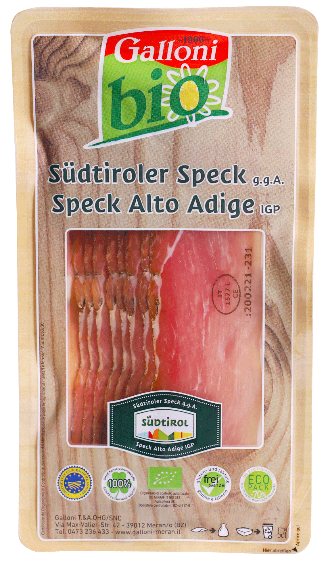 geschnitten Metzgerei Bio Südtiroler Speck Galloni Südtirol® kaufen g.g.A. Pur I 70g